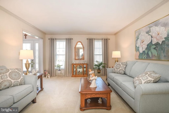 living room with crown molding and light colored carpet