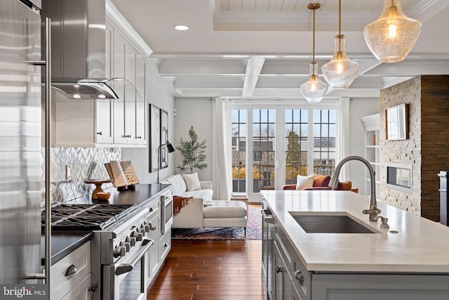 kitchen with open floor plan, a sink, a stone fireplace, ventilation hood, and high quality appliances