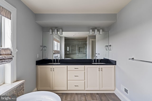 bathroom featuring wood tiled floor, a sink, a shower stall, and double vanity