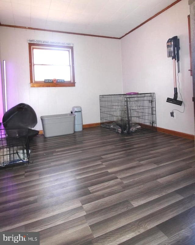 interior space with ornamental molding, wood finished floors, and baseboards