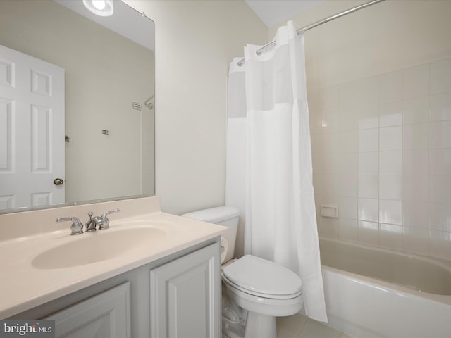 full bath with tile patterned floors, vanity, toilet, and shower / tub combo with curtain