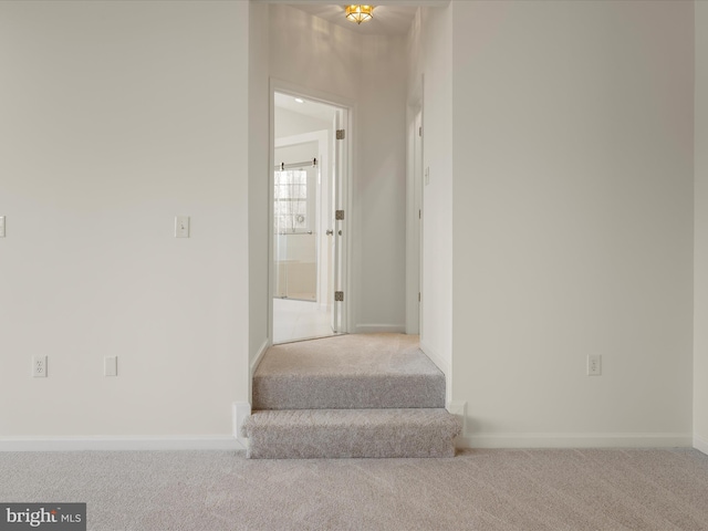 staircase with carpet flooring and baseboards