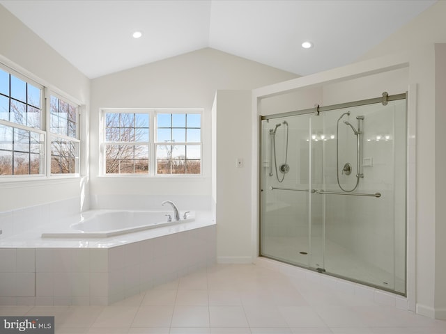 full bathroom with tile patterned flooring, vaulted ceiling, a shower stall, a bath, and recessed lighting