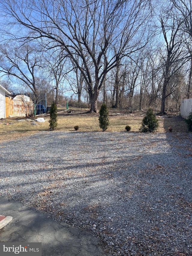 view of yard featuring fence and driveway