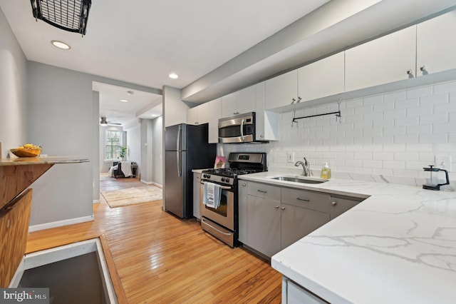 kitchen featuring decorative backsplash, appliances with stainless steel finishes, light wood-style floors, white cabinets, and a sink