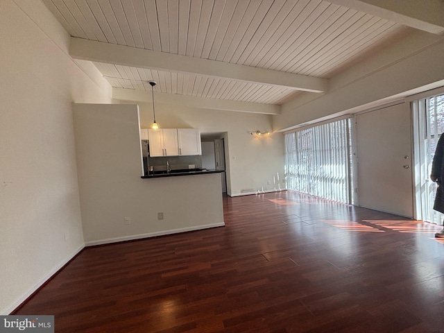 unfurnished living room featuring lofted ceiling with beams, wood ceiling, baseboards, and dark wood-type flooring