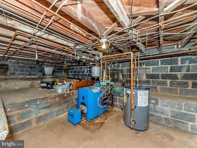 utility room with gas water heater and a heating unit