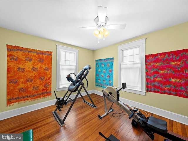 exercise area with a wealth of natural light, a ceiling fan, baseboards, and hardwood / wood-style floors