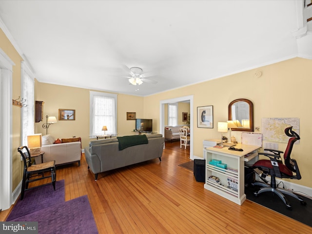 living room featuring light wood-type flooring, ceiling fan, and crown molding