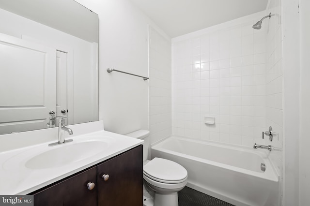 full bathroom featuring toilet,  shower combination, and vanity