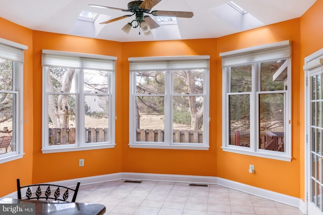 sunroom featuring a skylight, visible vents, and ceiling fan