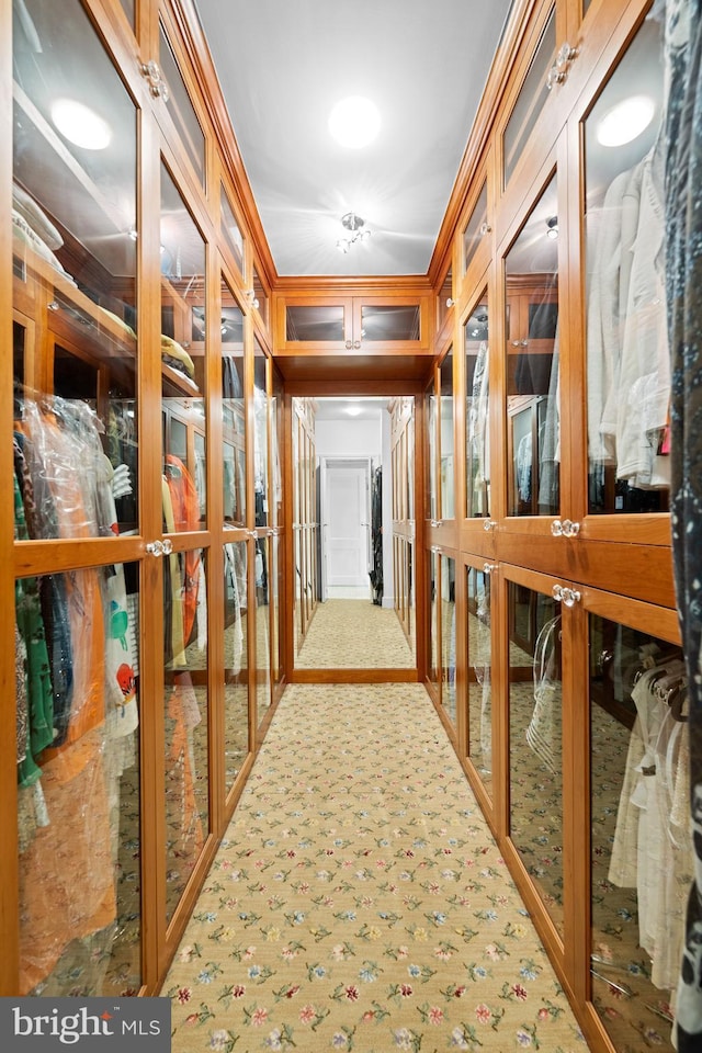 hall with carpet floors and french doors