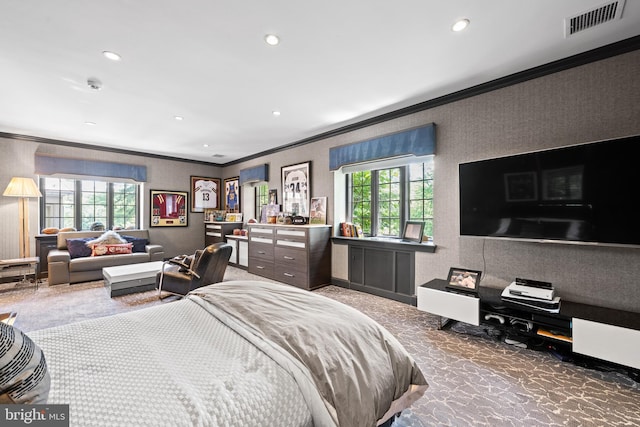 bedroom featuring ornamental molding, recessed lighting, and visible vents