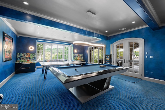 playroom featuring carpet, ornamental molding, baseboards, and french doors