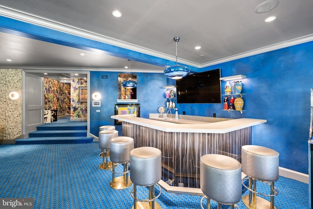 bar with wet bar, ornamental molding, carpet flooring, and recessed lighting