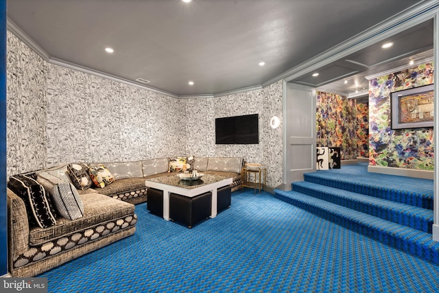 carpeted living area with recessed lighting, visible vents, baseboards, wallpapered walls, and crown molding