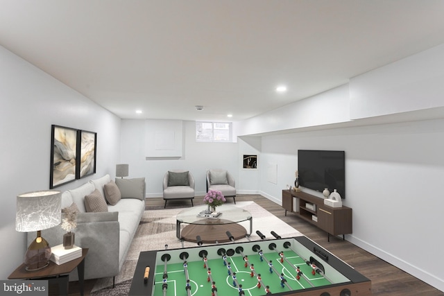 interior space with baseboards, dark wood-style flooring, and recessed lighting