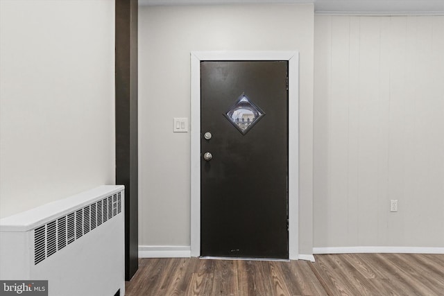 interior space featuring radiator, baseboards, and wood finished floors