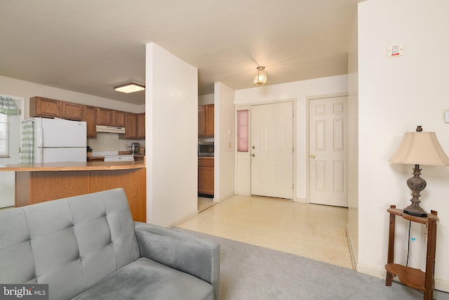 living area featuring light floors and light carpet