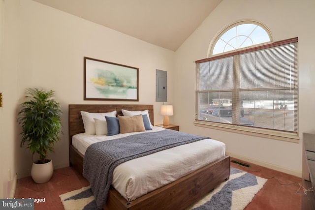 bedroom with electric panel, visible vents, baseboards, and lofted ceiling