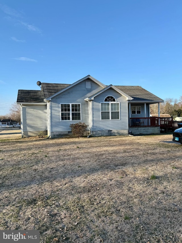 ranch-style home featuring crawl space and roof with shingles