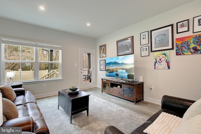 living room featuring baseboards, wood finished floors, and recessed lighting