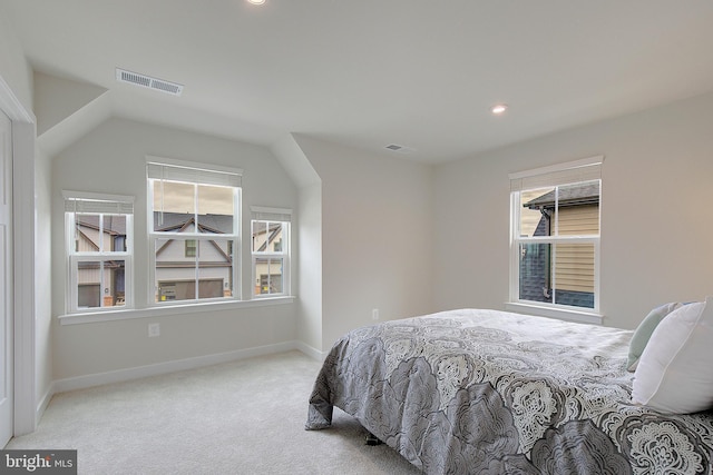 bedroom featuring recessed lighting, carpet, visible vents, and baseboards