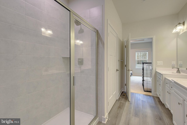 bathroom featuring a shower stall, vanity, and wood finished floors