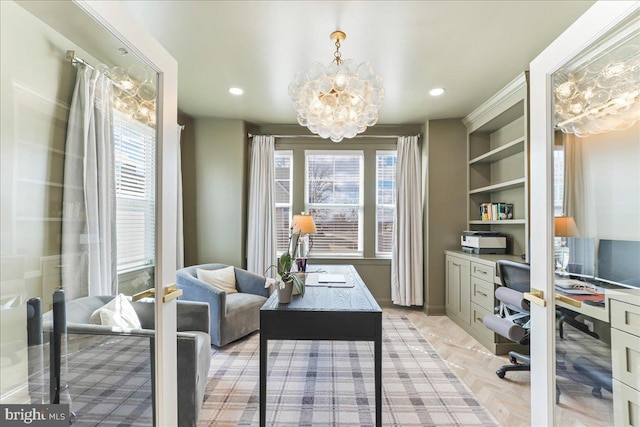 office area featuring a chandelier and recessed lighting