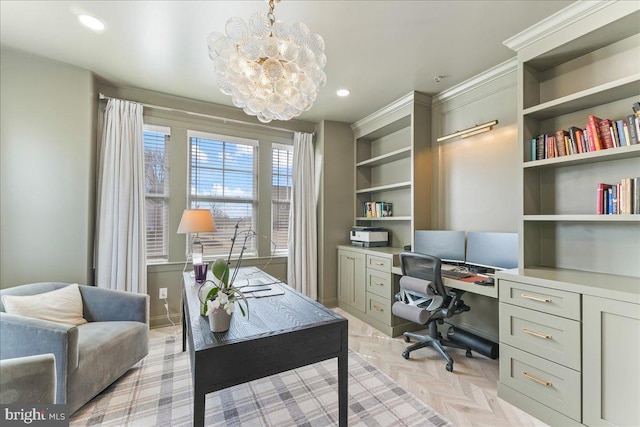 office featuring a chandelier and recessed lighting