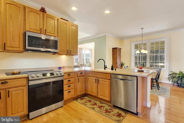 kitchen with ornamental molding, a peninsula, stainless steel appliances, light countertops, and a sink