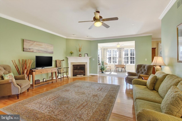 living area with light wood-style flooring, a fireplace with flush hearth, visible vents, a ceiling fan, and ornamental molding