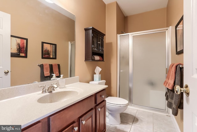 full bathroom with toilet, a stall shower, tile patterned flooring, and vanity