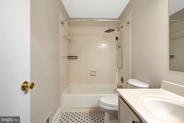 full bath featuring toilet, visible vents,  shower combination, and vanity