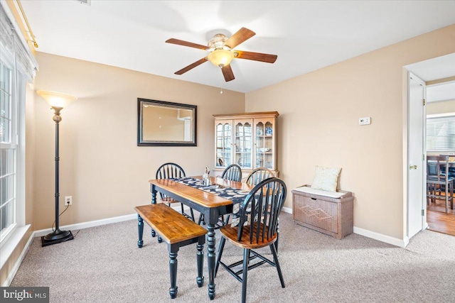 dining room with a ceiling fan, carpet, and baseboards