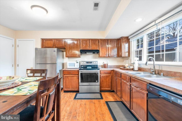 kitchen with a sink, under cabinet range hood, appliances with stainless steel finishes, brown cabinetry, and light wood finished floors