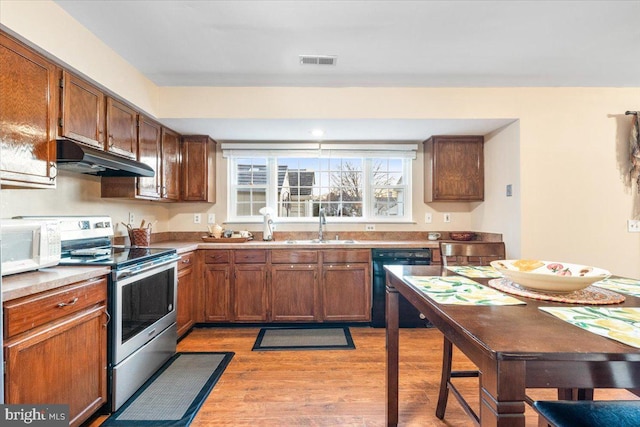 kitchen with visible vents, under cabinet range hood, black dishwasher, stainless steel range with electric cooktop, and a sink