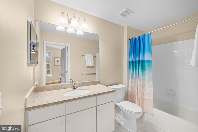 bathroom featuring tile patterned flooring, toilet, shower / tub combo, vanity, and visible vents