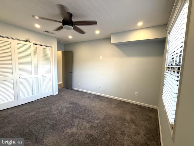 unfurnished bedroom featuring recessed lighting, a closet, visible vents, carpet flooring, and baseboards