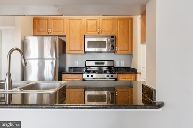 kitchen with a sink, dark stone counters, and appliances with stainless steel finishes