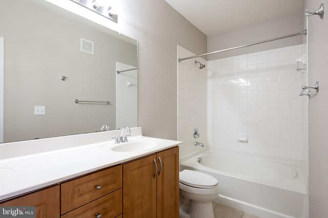 full bath featuring tile patterned flooring, visible vents, toilet, bathtub / shower combination, and vanity