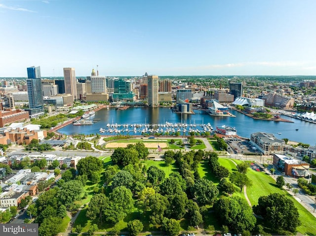 bird's eye view with a view of city and a water view