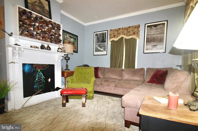 living room with a fireplace and crown molding