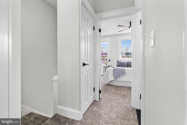 hallway with carpet flooring and baseboards