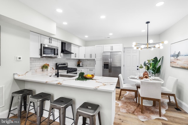 kitchen featuring decorative backsplash, a peninsula, stainless steel appliances, wall chimney range hood, and a sink