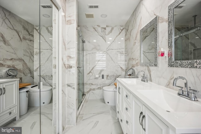 full bathroom with visible vents, a sink, toilet, and stone wall