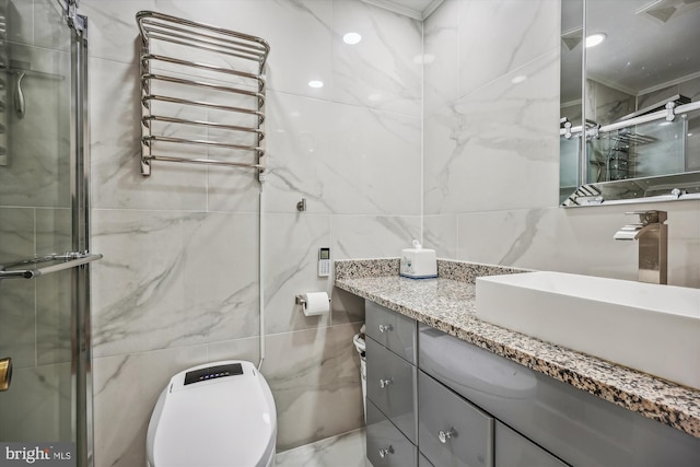 bathroom featuring tile walls, visible vents, radiator heating unit, a shower stall, and vanity