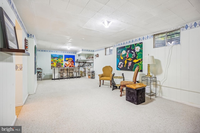 living area with carpet floors and a bar