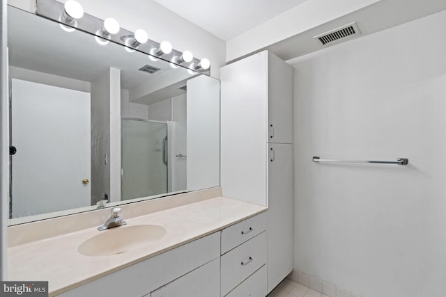 full bath featuring visible vents, a shower stall, and vanity