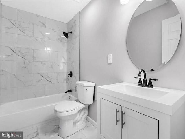 full bath with baseboards, toilet, vanity, marble finish floor, and shower / bathtub combination